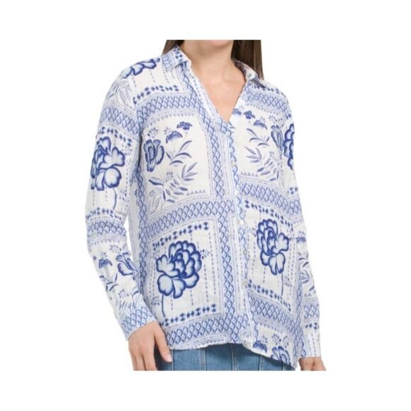 H by Halston 100% Linen Tunic Shirt Blouse Bright White Blue Artsy Floral Sz L - Picture 1 of 11